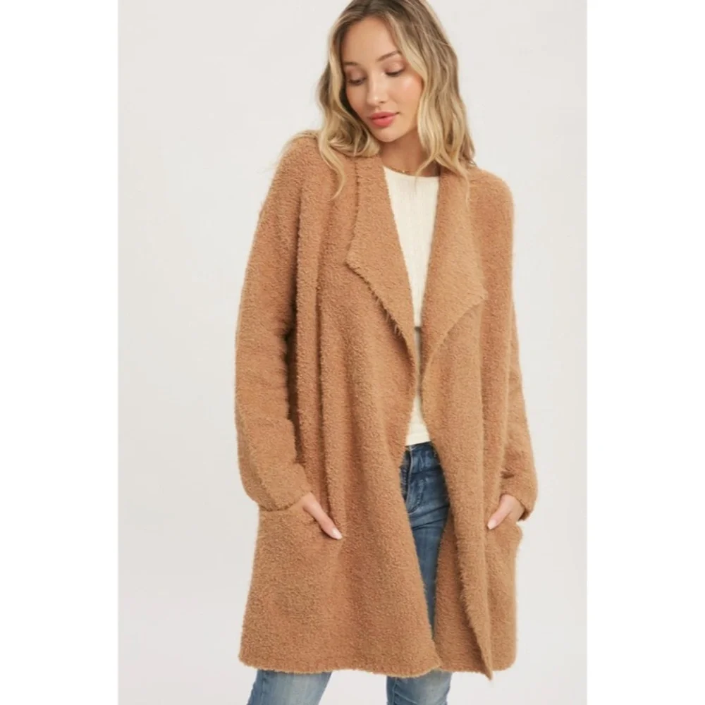SOLD OUT Camel Soft Fuzzy Drape Front Dolman Oversized Knit Cardigan Sweater - Picture 2 of 8